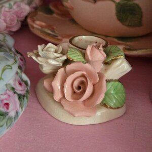 Vintage Porcelain Rose Candlestick Holder Cottagecore Romantic Victorian Style